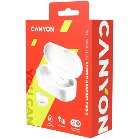 CANYON TWS-2 Bluetooth sport headset, with microphone, BT V5.0, RTL8763BFR, battery EarBud 43mAh*2+Charging Case 800mAh, cable l