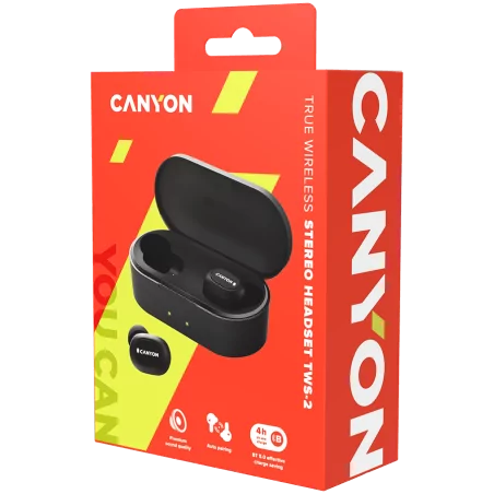 CANYON TWS-2 Bluetooth sport headset, with microphone, BT V5.0, RTL8763BFR, battery EarBud 43mAh*2+Charging Case 800mAh, cable l