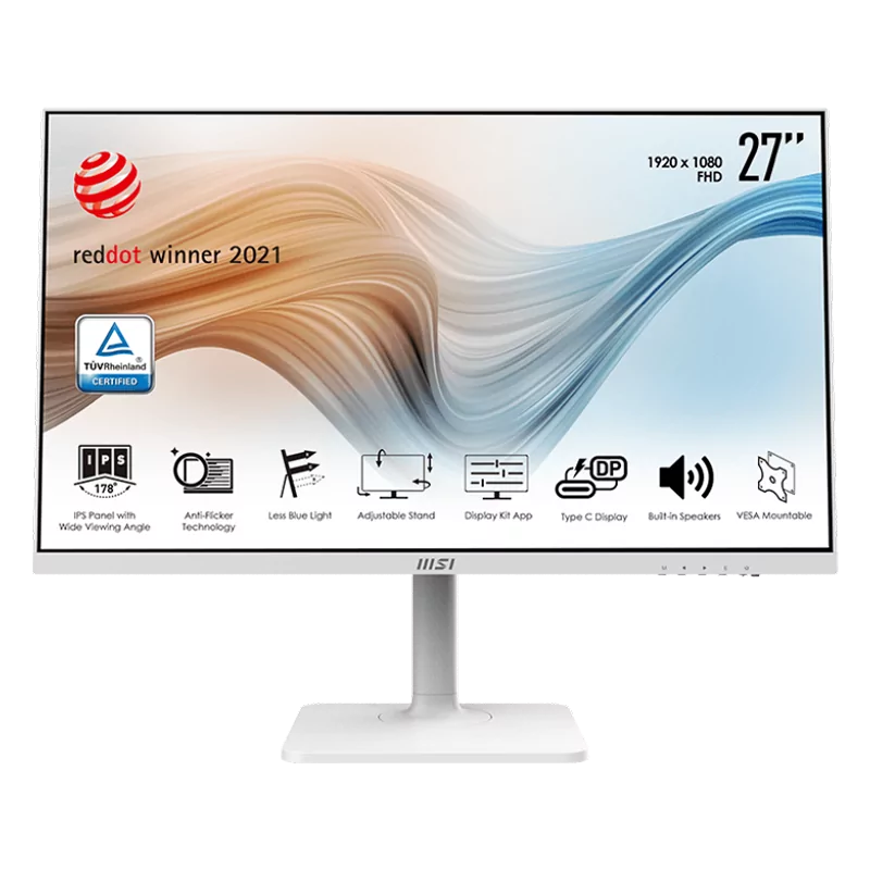 MSI Modern MD271PW Monitor, 27" 75Hz, FHD (1920x1080) 16:9, IPS Anti-glare, 5ms, 250nits, 1000:1, 178°/178°, Adjustable Stand, A