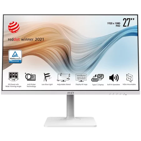 MSI Modern MD271PW Monitor, 27" 75Hz, FHD (1920x1080) 16:9, IPS Anti-glare, 5ms, 250nits, 1000:1, 178°/178°, Adjustable Stand, A