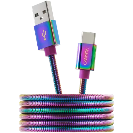 CANYON UC-7 Type C USB 2.0 standard cable, Power output 5V/9V 2A, OD 3.8mm, metal shell, cable length 1.2m, Rainbow, 14*6*1000mm