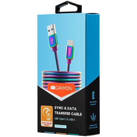 CANYON UC-7 Type C USB 2.0 standard cable, Power output 5V/9V 2A, OD 3.8mm, metal shell, cable length 1.2m, Rainbow, 14*6*1000mm