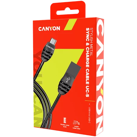 CANYON UC-5 Type C USB 2.0 standard cable, Power & Data output, 5V 2A, OD 3.5mm, metallic Jacket, 1m, gun color, 0.04kg - 2