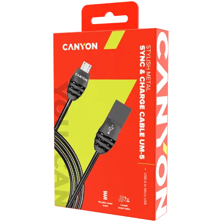 CANYON UM-5 Micro USB 2.0 standard cable, Power & Data output, 5V 2A, OD 3.5mm, metallic Jacket, 1m, gun color, 0.04kg - 2