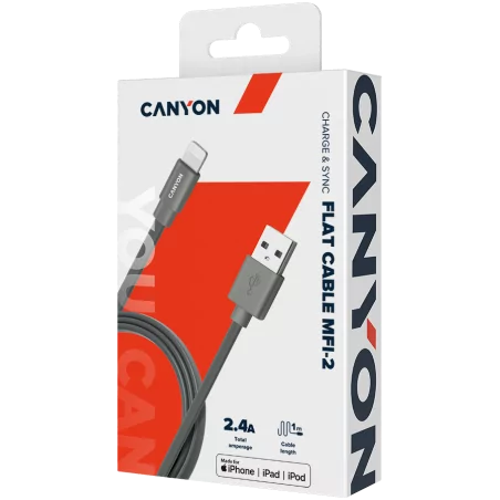 CANYON Charge & Sync MFI flat cable, USB to lightning, certified by Apple, 1m, 0.28mm, Dark gray - 3