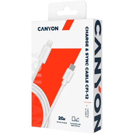 CANYON СFI-12, cable Type C to lightning ,5V3A, 9V2.22A ,PD20W, power cord:18AWG*4C, Signal cord:28AWG*4C, data transfer speed:3