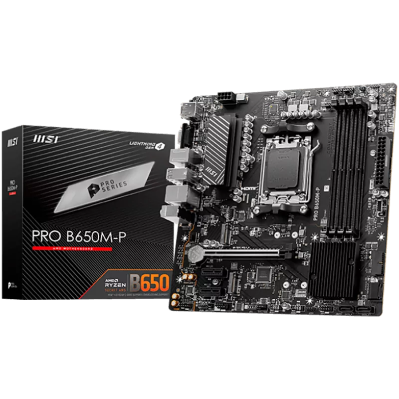 MSI PRO B650M-P,ATX, Socket AM5,AMD B650, 4xDDR5, Dual Channel DDR5 up to 7200+(OC)MHz,1x PCIe 4.0/3.0 x16 slot,2x M.2 slots,2x 