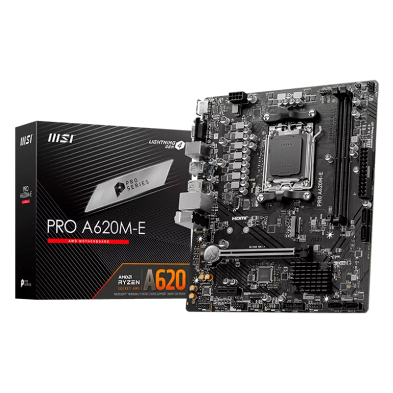 MSI PRO A620M-E, mATX, Socket AM5, Dual Channel DDR5 6800+MHz, 1x PCIe x16 slot, 1x M.2 slot, 1x HDMI, 1x VGA, 2x USB 3.2 Gen 1,