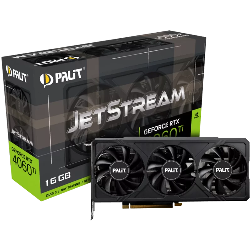 Palit RTX 4060Ti JetStream 16GB GDDR6, 128 bits, 1x HDMI 2.1a, 3x DP 1.4a, 3-fan, 1x 8-pin Power connector, recommended PSU 650W