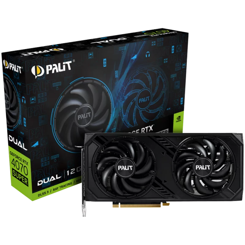Palit RTX 4070 Super Dual 12GB GDDR6X, 192 bit, 1x HDMI 2.1a, 3x DP 1.4a, 2 Fan, 1x 16-pin Power connector, recommended PSU 750W