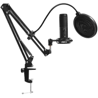 LORGAR Voicer 931, Gaming Microphone, Black, USB condenser microphone with desktop boom arm, pop filter, tripod stand, including