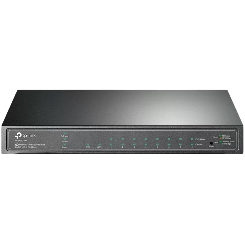 JetStream 8-Port Gigabit Smart PoE+ Switch with 2 SFP SlotsPORT: 8× Gigabit PoE Ports, 2× Gigabit SFP SlotsSPEC: 802.3af/at, 58 