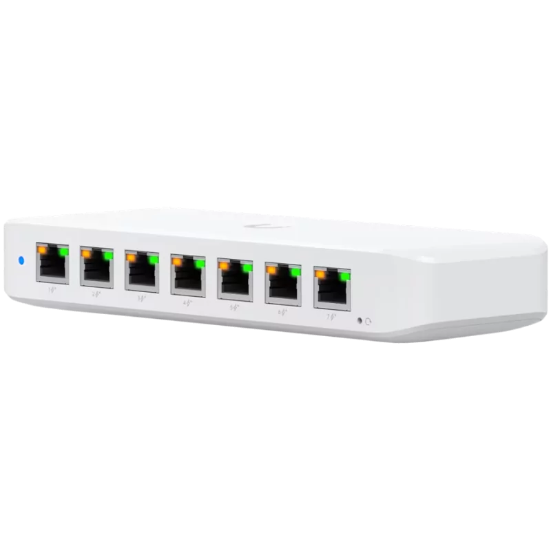 Ubiquiti USW-Ultra Layer 2, 8-port GbE PoE switch with versatile mounting options: 7x GbE PoE+ output ports, 1 xGbE PoE++ input 