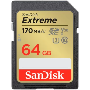 SanDisk Extreme 64GB SDXC Memory Card + 1 year RescuePRO Deluxe up to 170MB/s & 80MB/s Read/Write speeds, UHS-I, Class 10, U3, V
