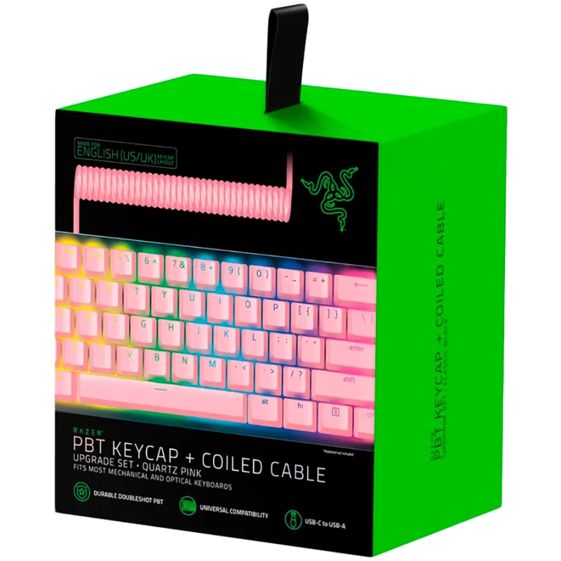 Razer PBT Keycap + Coiled Cable Upgrade Set - Quartz, Durable Doubleshot PBT, Keycap Count: 120, Standard bottom row US and UK l