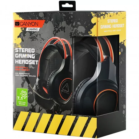Canyon Gaming headset with 7.1 USB connector, adjustable volume control, orange LED backlight, cable length 2m, Black, 182*90*23