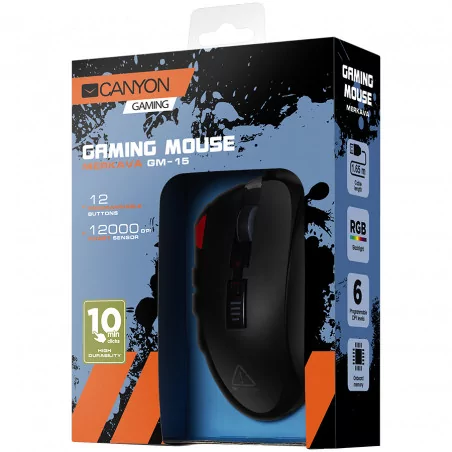 CANYON,Gaming Mouse with 12 programmable buttons, Sunplus 6662 optical sensor, 6 levels of DPI and up to 5000, 10 million times 