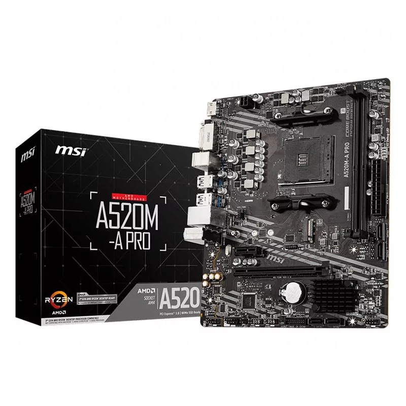 MSI Main Board Desktop A520M-A PRO (A520, AM4, 2xDDR4, 1x PCI-E 3.0 x16 slot,1x M.2 slot,4x USB 3.2 Gen1,2x USB 2.0,1x HDMI,1x D